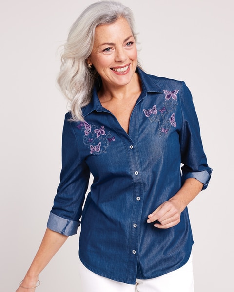 DenimLite Embroidered Button-Up Shirt