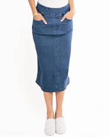 DenimEase™ Flat Waist Midi Skirt - Medium Wash