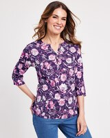 Essential Knit Three-Quarter Sleeve Henley. - Imperial Purple Watercolor Flr