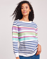 Boat Neck Fleece Sweatshirt - White Multi Stripe