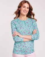 Print Long Sleeve Pointelle Henley Top - Blue Tint Paisley Floral