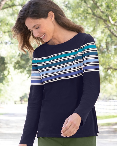 Striped-Yoke Bateau-Neck Tee