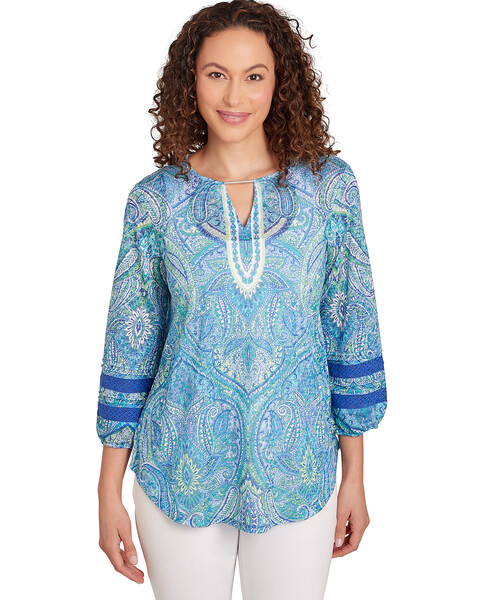 Ruby Rd® Bali Blue Knit Paisley Top Lace
