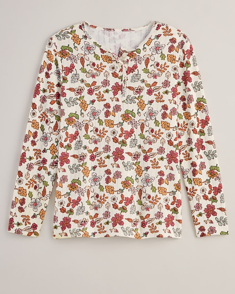 Print Long Sleeve Pointelle Henley Top