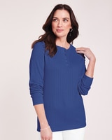Long Sleeve Pointelle Henley Top - Clematis Blue