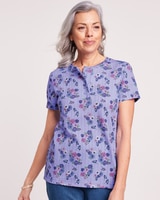 Print Short Sleeve Pointelle Henley Top - Lavender Floral Bouquet