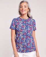 Print Short Sleeve Pointelle Henley Top - Clematis Blue Daisy