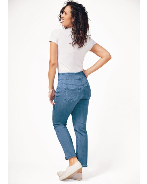 DenimEase™ Flat-Waist Straight Embellished Jeans