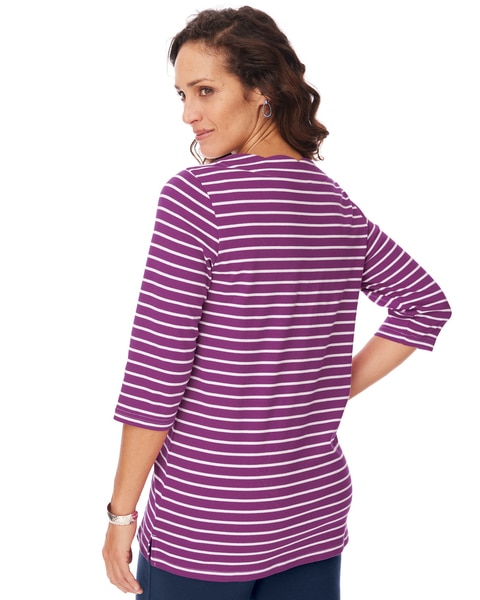 Three-Quarter Sleeve Border-Print Stripe Tunic