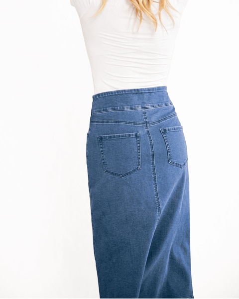 DenimEase™ Flat Waist Midi Skirt