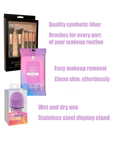 Pursonic Makeup Essentials Bundle: Brushes, Wipes & Blender Sponge