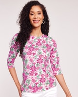 Three-Quarter Sleeve Anytime Tee - Hot Pink Watercolor Floral
