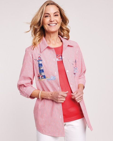 Three-Quarter Sleeve Embroidered Button-Front Twinset