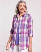 Gauze Button-Up Big Shirt - Rose Violet Plaid