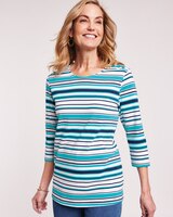 Essential Knit Button-Trim Top - Bright Turquoise/White Stripe