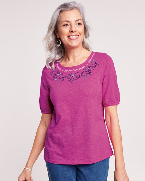 Slub Knit Embroidered Peasant Top