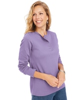 Long Sleeve Pointelle Henley Top - Dusty Violet