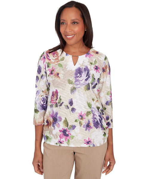 Alfred Dunner® Charm School Embellished Keyhole Floral Textured Top